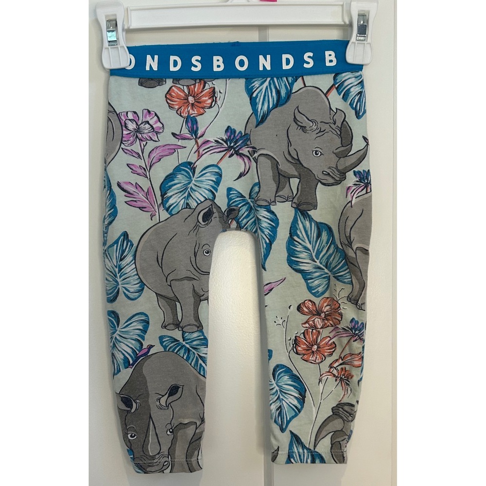 Bonds Baby Rhino Floral Tropical Print Leggings Blue Branded Waistband Grey Blue